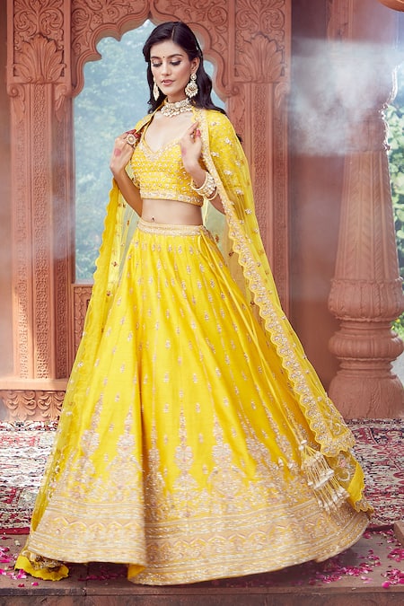 Shop Azeera Yellow , Satin Embroidery, Sequins, Zari Plunge Floral Lehenga Set Online at Aza Fashions Shop_Azeera_Yellow , Satin Embroidery, Sequins, Zari Plunge Floral Lehenga Set _Online_at_Aza_Fashions