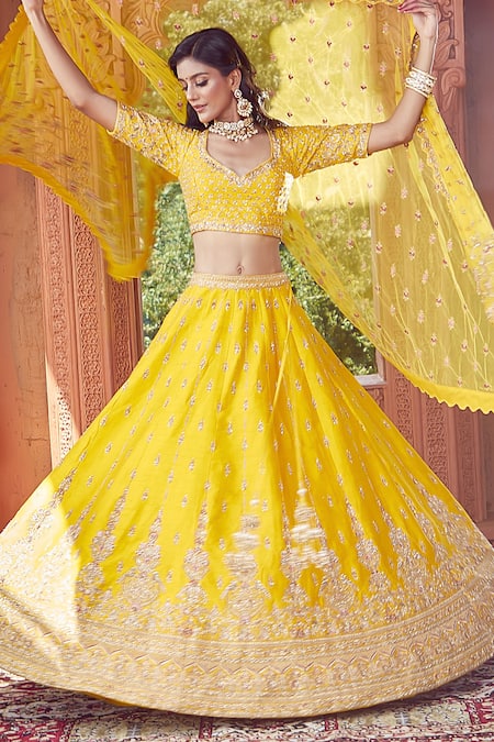 Buy Azeera Yellow , Satin Embroidery, Sequins, Zari Plunge Floral Lehenga Set Buy_Azeera_Yellow , Satin Embroidery, Sequins, Zari Plunge Floral Lehenga Set