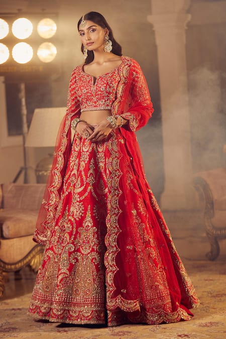 Buy Red Embroidered Floral Notched Neck Ananya Bridal Lehenga Set For Women by Azeera Online at Aza Fashions