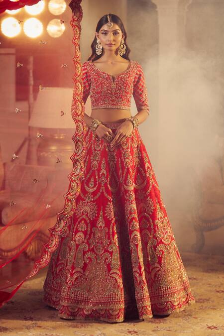 Azeera Red Silk, Cotton, Chiffon Sequins, Ananya Floral Embroidered Bridal Lehenga Set Online at Aza Fashions Azeera_Red Silk, Cotton, Chiffon Sequins, Ananya Floral Embroidered Bridal Lehenga Set _Online_at_Aza_Fashions