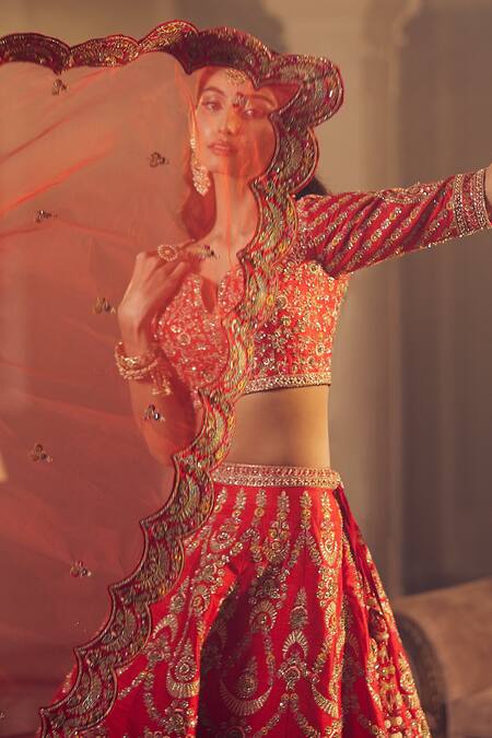 Shop Azeera Red Silk, Cotton, Chiffon Sequins, Ananya Floral Embroidered Bridal Lehenga Set Online at Aza Fashions Shop_Azeera_Red Silk, Cotton, Chiffon Sequins, Ananya Floral Embroidered Bridal Lehenga Set _Online_at_Aza_Fashions