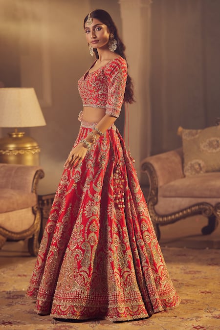 Azeera Red Silk, Cotton, Chiffon Sequins, Ananya Floral Embroidered Bridal Lehenga Set at Aza Fashions Azeera_Red Silk, Cotton, Chiffon Sequins, Ananya Floral Embroidered Bridal Lehenga Set _at_Aza_Fashions