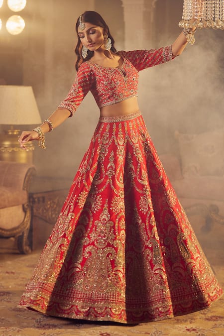 Buy Azeera Red Silk, Cotton, Chiffon Sequins, Ananya Floral Embroidered Bridal Lehenga Set Buy_Azeera_Red Silk, Cotton, Chiffon Sequins, Ananya Floral Embroidered Bridal Lehenga Set