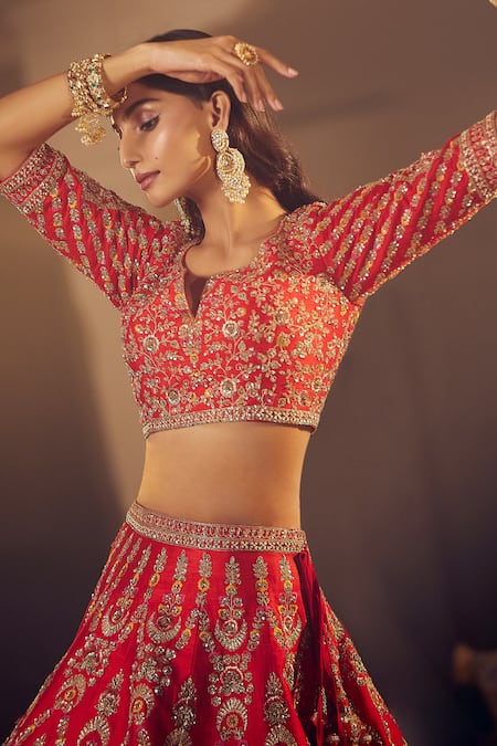Shop Azeera Red Silk, Cotton, Chiffon Sequins, Ananya Floral Embroidered Bridal Lehenga Set Shop_Azeera_Red Silk, Cotton, Chiffon Sequins, Ananya Floral Embroidered Bridal Lehenga Set