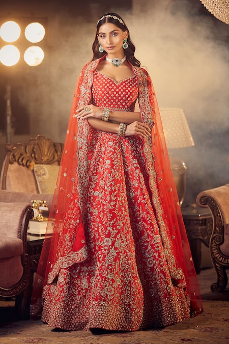 Shop Azeera Red Silk, Chiffon Embroidery, Sequins, Zari Marigold Floral Bridal Lehenga Set at Aza Fashions Shop_Azeera_Red Silk, Chiffon Embroidery, Sequins, Zari Marigold Floral Bridal Lehenga Set _at_Aza_Fashions