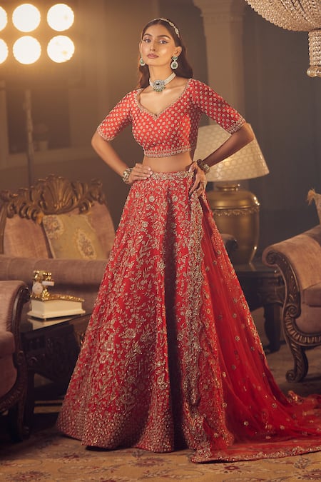 Azeera Red Silk, Chiffon Embroidery, Sequins, Zari Marigold Floral Bridal Lehenga Set Online at Aza Fashions Azeera_Red Silk, Chiffon Embroidery, Sequins, Zari Marigold Floral Bridal Lehenga Set _Online_at_Aza_Fashions