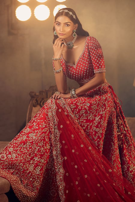 Shop Azeera Red Silk, Chiffon Embroidery, Sequins, Zari Marigold Floral Bridal Lehenga Set Online at Aza Fashions Shop_Azeera_Red Silk, Chiffon Embroidery, Sequins, Zari Marigold Floral Bridal Lehenga Set _Online_at_Aza_Fashions