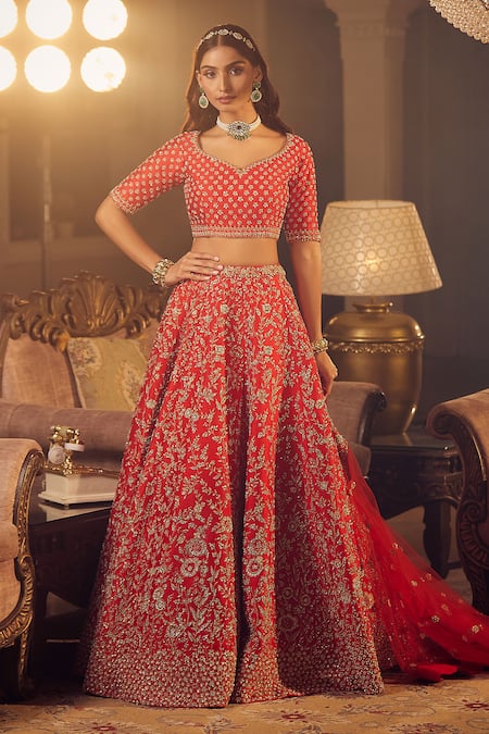 Azeera Red Silk, Chiffon Embroidery, Sequins, Zari Marigold Floral Bridal Lehenga Set at Aza Fashions Azeera_Red Silk, Chiffon Embroidery, Sequins, Zari Marigold Floral Bridal Lehenga Set _at_Aza_Fashions