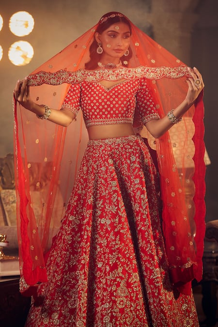Buy Azeera Red Silk, Chiffon Embroidery, Sequins, Zari Marigold Floral Bridal Lehenga Set Buy_Azeera_Red Silk, Chiffon Embroidery, Sequins, Zari Marigold Floral Bridal Lehenga Set