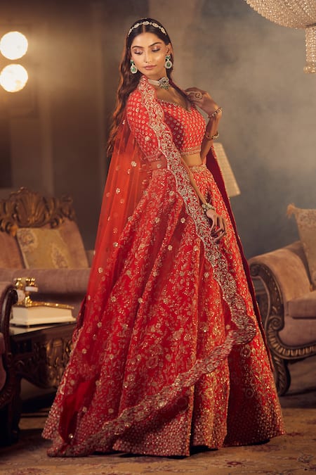 Shop Azeera Red Silk, Chiffon Embroidery, Sequins, Zari Marigold Floral Bridal Lehenga Set Shop_Azeera_Red Silk, Chiffon Embroidery, Sequins, Zari Marigold Floral Bridal Lehenga Set