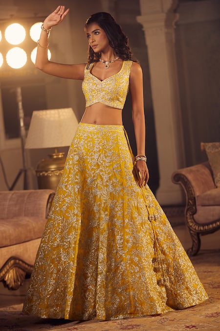 Azeera_Yellow Embroidery, Tassels Mukesh Floral Vine Lehenga Set _Online_at_Aza_Fashions