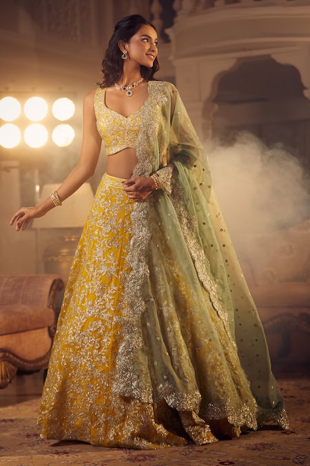 Buy_Azeera_Yellow Embroidery, Tassels Mukesh Floral Vine Lehenga Set _Online_at_Aza_Fashions
