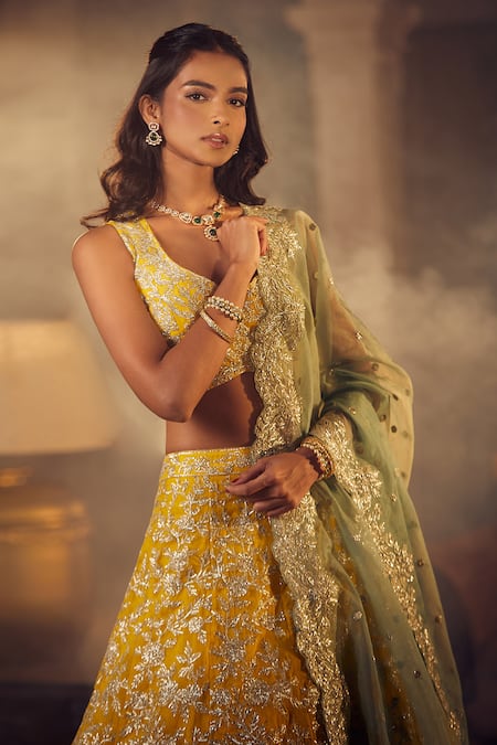 Shop_Azeera_Yellow Embroidery, Tassels Mukesh Floral Vine Lehenga Set _Online_at_Aza_Fashions