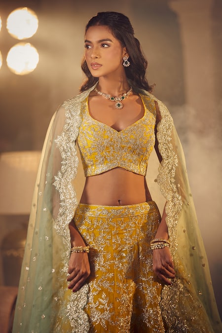 Azeera_Yellow Embroidery, Tassels Mukesh Floral Vine Lehenga Set _at_Aza_Fashions