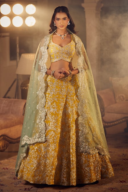 Buy_Azeera_Yellow Embroidery, Tassels Mukesh Floral Vine Lehenga Set 