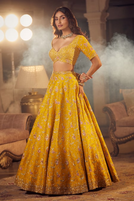 Azeera Yellow Silk, Chiffon Sequins, Zari, Embroidery Navrantan Floral Lehenga Set Online at Aza Fashions Azeera_Yellow Silk, Chiffon Sequins, Zari, Embroidery Navrantan Floral Lehenga Set _Online_at_Aza_Fashions