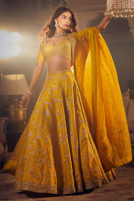 Buy Azeera Yellow Silk, Chiffon Sequins, Zari, Embroidery Navrantan Floral Lehenga Set Online at Aza Fashions Buy_Azeera_Yellow Silk, Chiffon Sequins, Zari, Embroidery Navrantan Floral Lehenga Set _Online_at_Aza_Fashions