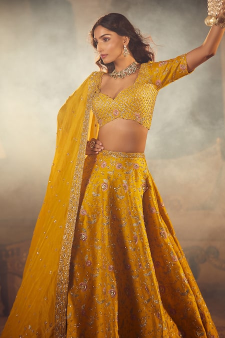 Shop Azeera Yellow Silk, Chiffon Sequins, Zari, Embroidery Navrantan Floral Lehenga Set Online at Aza Fashions Shop_Azeera_Yellow Silk, Chiffon Sequins, Zari, Embroidery Navrantan Floral Lehenga Set _Online_at_Aza_Fashions