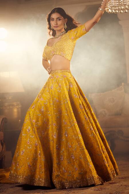 Azeera Yellow Silk, Chiffon Sequins, Zari, Embroidery Navrantan Floral Lehenga Set at Aza Fashions Azeera_Yellow Silk, Chiffon Sequins, Zari, Embroidery Navrantan Floral Lehenga Set _at_Aza_Fashions
