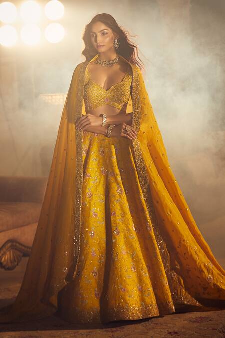 Buy Azeera Yellow Silk, Chiffon Sequins, Zari, Embroidery Navrantan Floral Lehenga Set Buy_Azeera_Yellow Silk, Chiffon Sequins, Zari, Embroidery Navrantan Floral Lehenga Set
