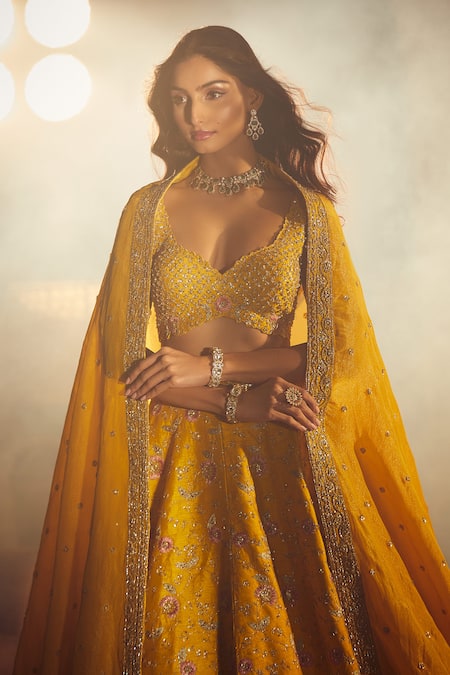 Shop Azeera Yellow Silk, Chiffon Sequins, Zari, Embroidery Navrantan Floral Lehenga Set Shop_Azeera_Yellow Silk, Chiffon Sequins, Zari, Embroidery Navrantan Floral Lehenga Set