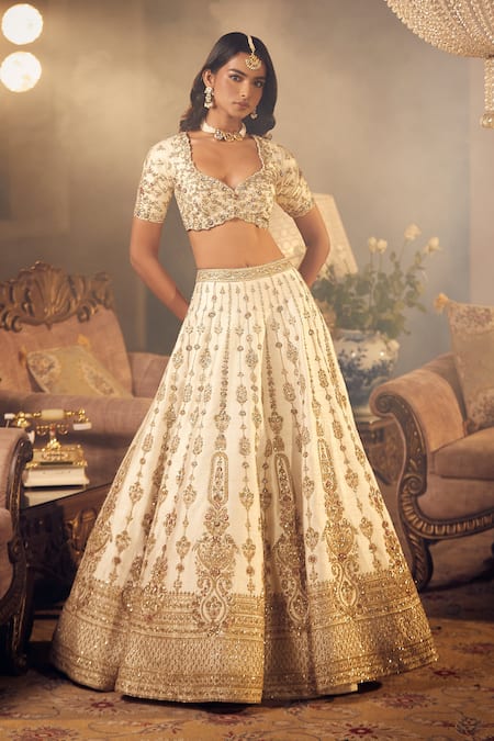Buy Azeera Ivory Silk Sequins, Zari Plunge Prachi Zardozi Embroidered Bridal Lehenga Set Buy_Azeera_Ivory Silk Sequins, Zari Plunge Prachi Zardozi Embroidered Bridal Lehenga Set