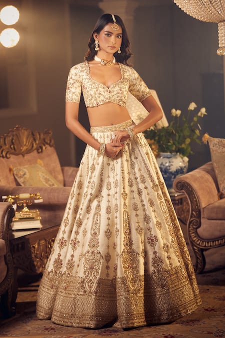 Shop Azeera Ivory Silk Sequins, Zari Plunge Prachi Zardozi Embroidered Bridal Lehenga Set Shop_Azeera_Ivory Silk Sequins, Zari Plunge Prachi Zardozi Embroidered Bridal Lehenga Set