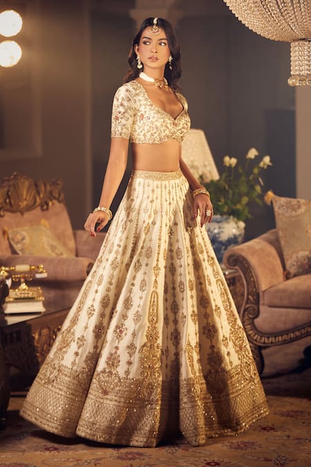 Shop_Azeera_Ivory Silk Sequins, Zari Plunge Prachi Zardozi Embroidered Bridal Lehenga Set 