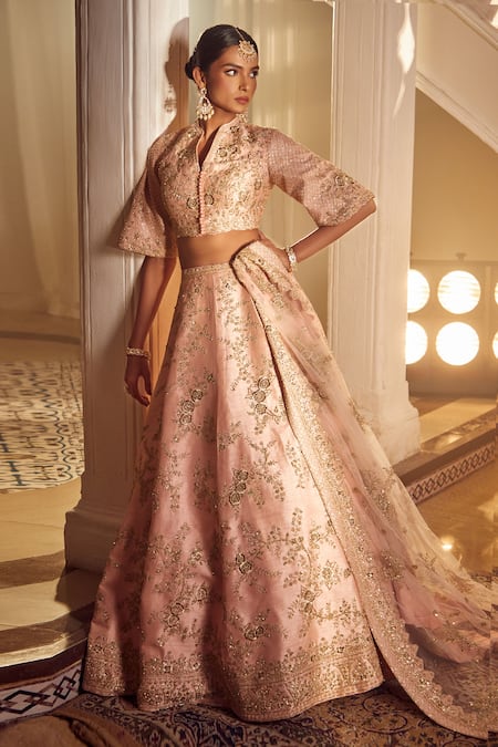 Azeera_Pink Silk, Satin, Chiffon Sequins, Zari, Embroidery Tanvee Floral Lehenga Set _Online_at_Aza_Fashions