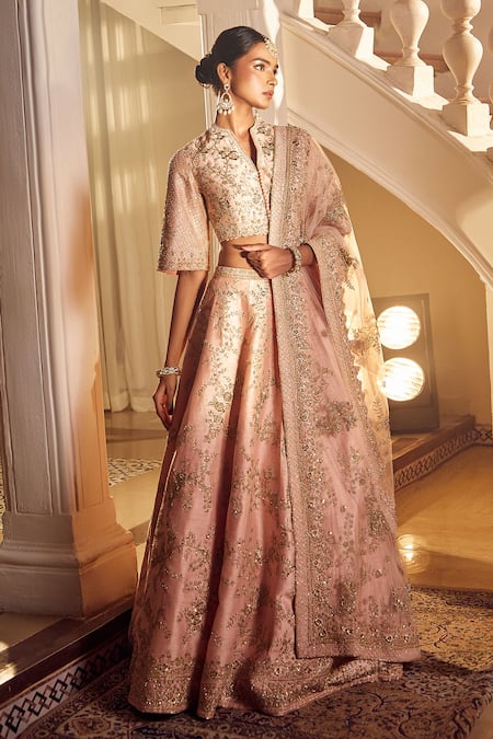 Azeera_Pink Silk, Satin, Chiffon Sequins, Zari, Embroidery Tanvee Floral Lehenga Set _at_Aza_Fashions
