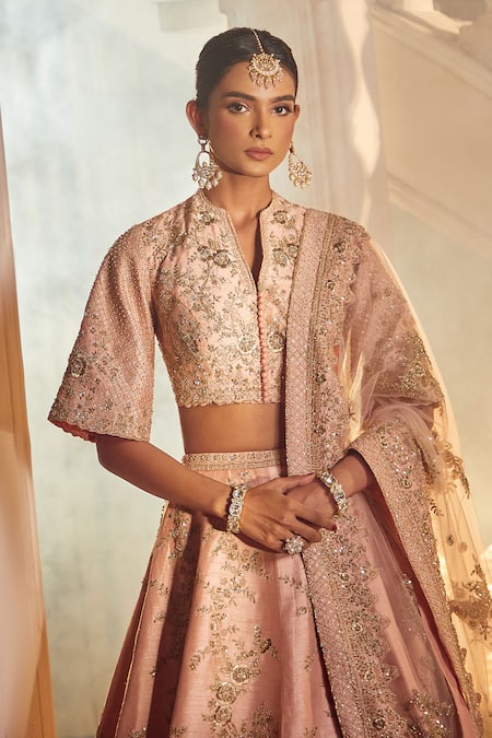 Shop_Azeera_Pink Silk, Satin, Chiffon Sequins, Zari, Embroidery Tanvee Floral Lehenga Set 