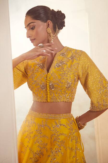 Shop_Azeera_Yellow Silk Embroidery, Sequins V-neck Tanvee Zardozi Lehenga Set 