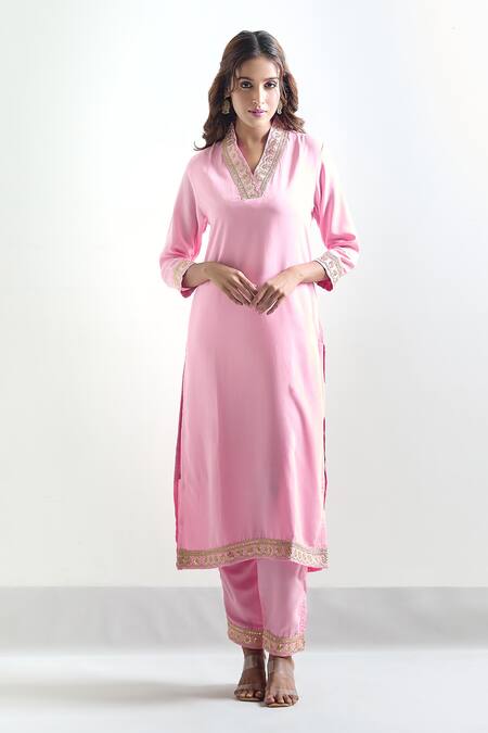 Buy Samyukta Singhania Pink Viscose, Silk Sequins, Zari, Embroidery V-neck Placement Kurta Set Buy_Samyukta Singhania_Pink Viscose, Silk Sequins, Zari, Embroidery V-neck Placement Kurta Set