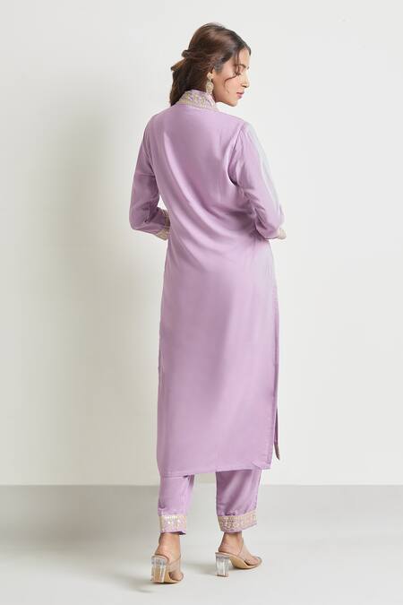 Shop Samyukta Singhania Purple Viscose, , Satin Embroidery, Lace V-neck Sleeve Kurta Set at Aza Fashions Shop_Samyukta Singhania_Purple Viscose, , Satin Embroidery, Lace V-neck Sleeve Kurta Set_at_Aza_Fashions