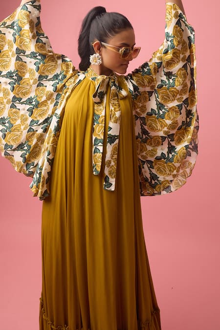 Nikasha Rosa Print Tie Up Collar Cape Dress 