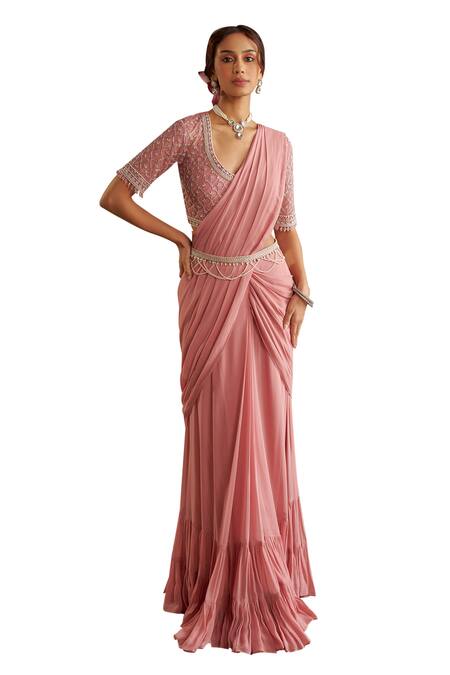 Shop_Chhavvi Aggarwal_Pink Georgette, Linen Pearls, Embroidery Round Pre-draped Saree With Blouse Set _Online_at_Aza_Fashions