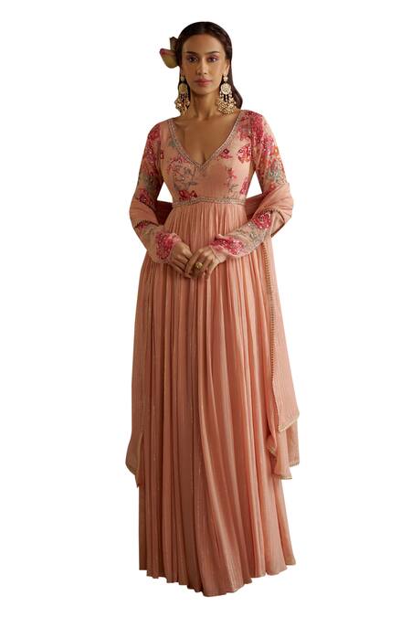 Chhavvi Aggarwal_Beige Georgette, Lurex Embroidery, Sequins Floral Print And Anarkali With Dupatta _at_Aza_Fashions