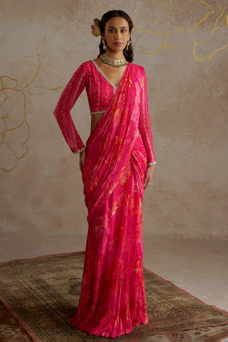 Chhavvi Aggarwal Rose Embroidered Pre-Draped Saree With Blouse 