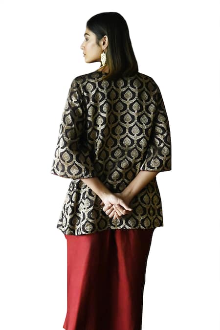 Shorshe Clothing_Brown Satin, Silk, Brocade Shruti Mughal Floral Woven Kurta And Skirt Set _at_Aza_Fashions