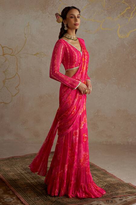 Buy Chhavvi Aggarwal Pink Georgette Lace V-neck Rose Embroidered Pre-draped Saree With Blouse Online at Aza Fashions Buy_Chhavvi Aggarwal_Pink Georgette Lace V-neck Rose Embroidered Pre-draped Saree With Blouse _Online_at_Aza_Fashions