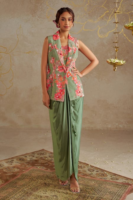 Chhavvi Aggarwal Jade Rose Jacket with Draped Skirt Set 