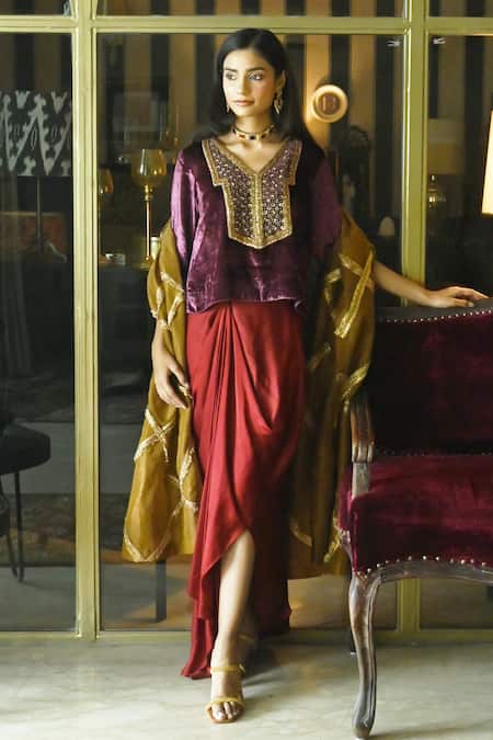 Buy_Shorshe Clothing_Purple Satin, Velvet Sequins, Cut Work V-neck Shabana Embroidered Top 