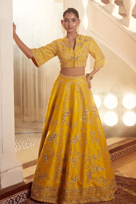 Shop_Azeera_Yellow Silk Embroidery, Sequins V-neck Tanvee Zardozi Lehenga Set _Online_at_Aza_Fashions