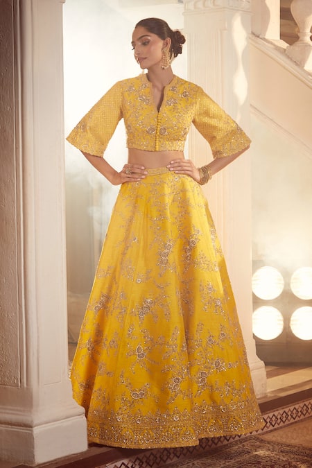 Azeera_Yellow Silk Embroidery, Sequins V-neck Tanvee Zardozi Lehenga Set _at_Aza_Fashions