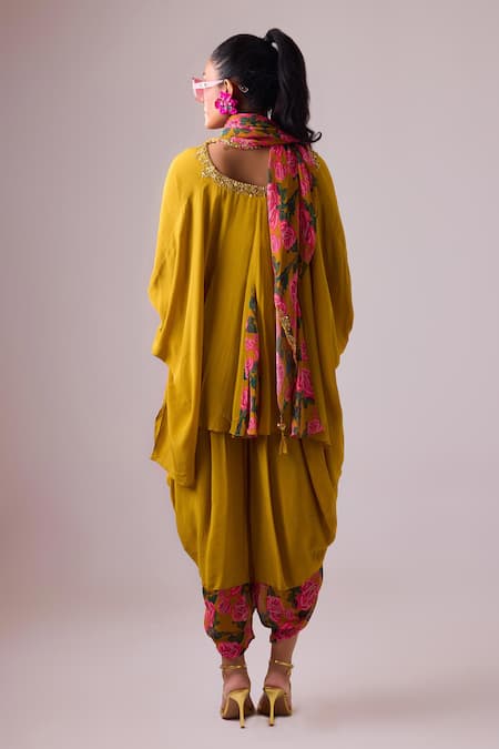 Shop Nikasha Yellow Flora Bloom Print Asymmetric Godet Kaftan Tunic With Dhoti Pant at Aza Fashions Shop_Nikasha_Yellow Flora Bloom Print Asymmetric Godet Kaftan Tunic With Dhoti Pant _at_Aza_Fashions