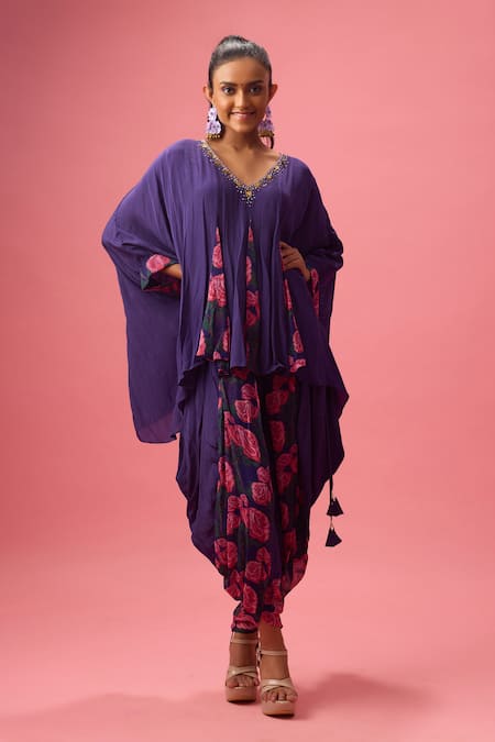 Nikasha Floret Print Asymmetric Godet Kaftan Tunic With Dhoti Pant 