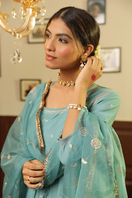 ASRUMO_Green Chanderi Gota Patti, Embroidery Round Neck Jaal Anarkali Set _Online_at_Aza_Fashions