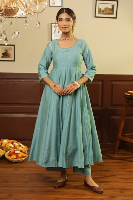 Buy_ASRUMO_Green Chanderi Gota Patti, Embroidery Round Neck Jaal Anarkali Set _Online_at_Aza_Fashions