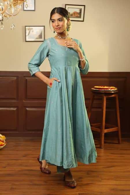 Shop_ASRUMO_Green Chanderi Gota Patti, Embroidery Round Neck Jaal Anarkali Set _Online_at_Aza_Fashions