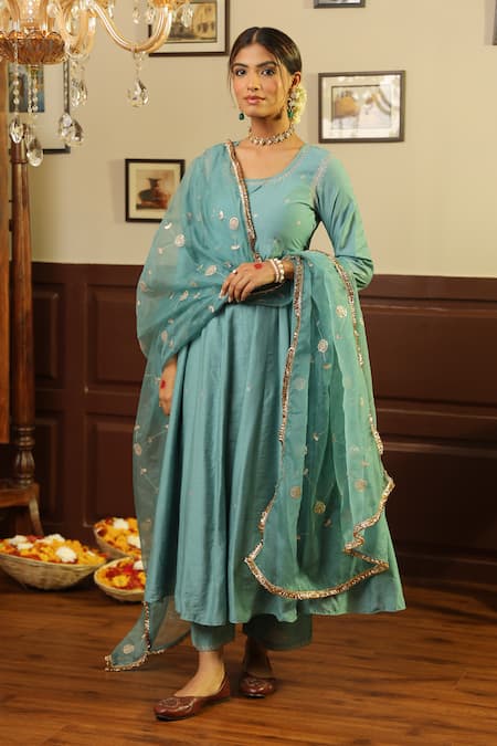 ASRUMO_Green Chanderi Gota Patti, Embroidery Round Neck Jaal Anarkali Set _at_Aza_Fashions